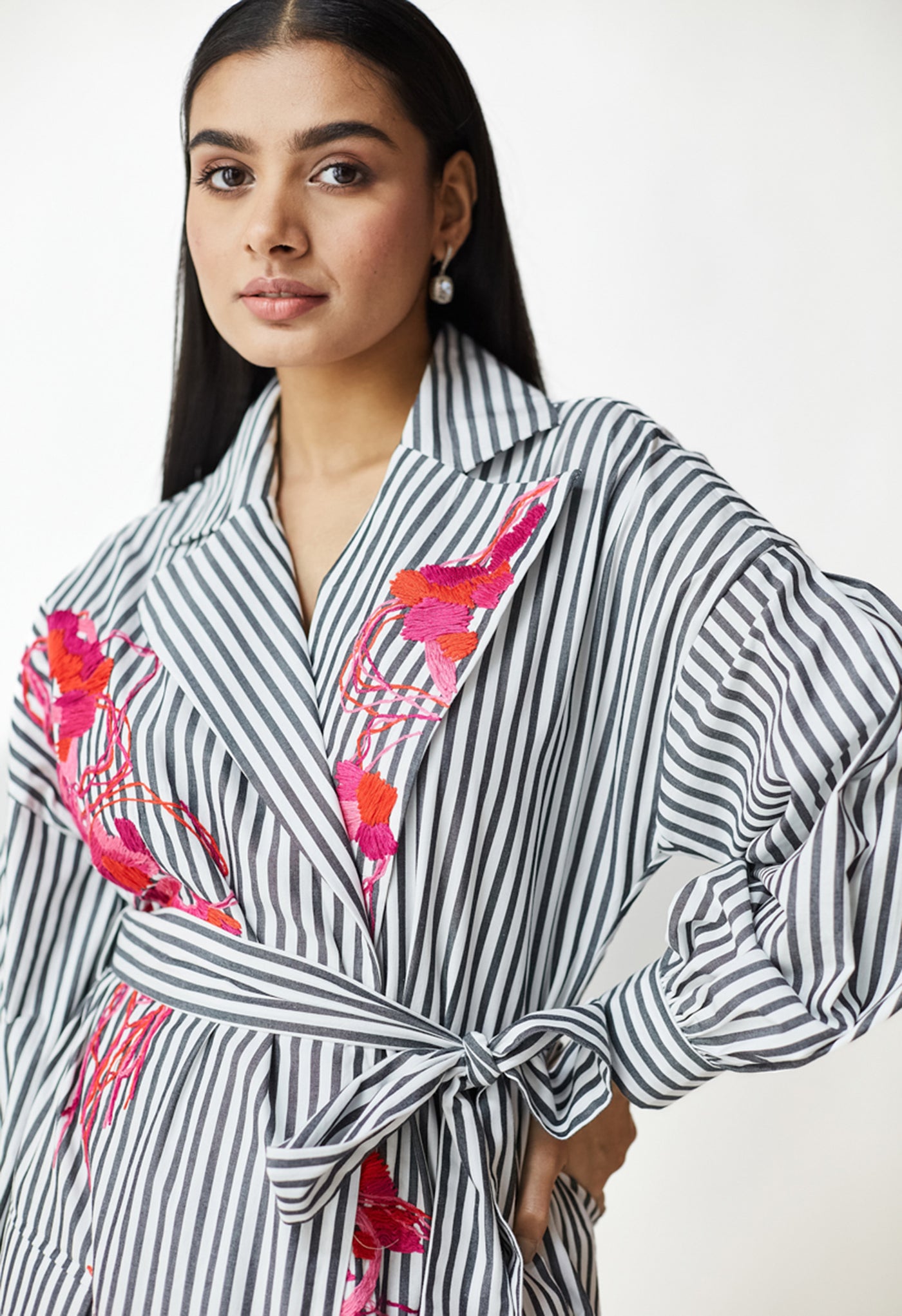 White & Black Stripe Embroidered Jacket Dress