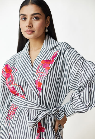 White & Black Stripe Embroidered Jacket Dress