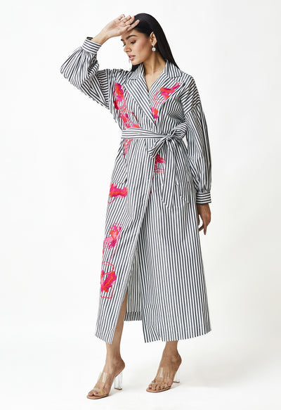 White & Black Stripe Embroidered Jacket Dress