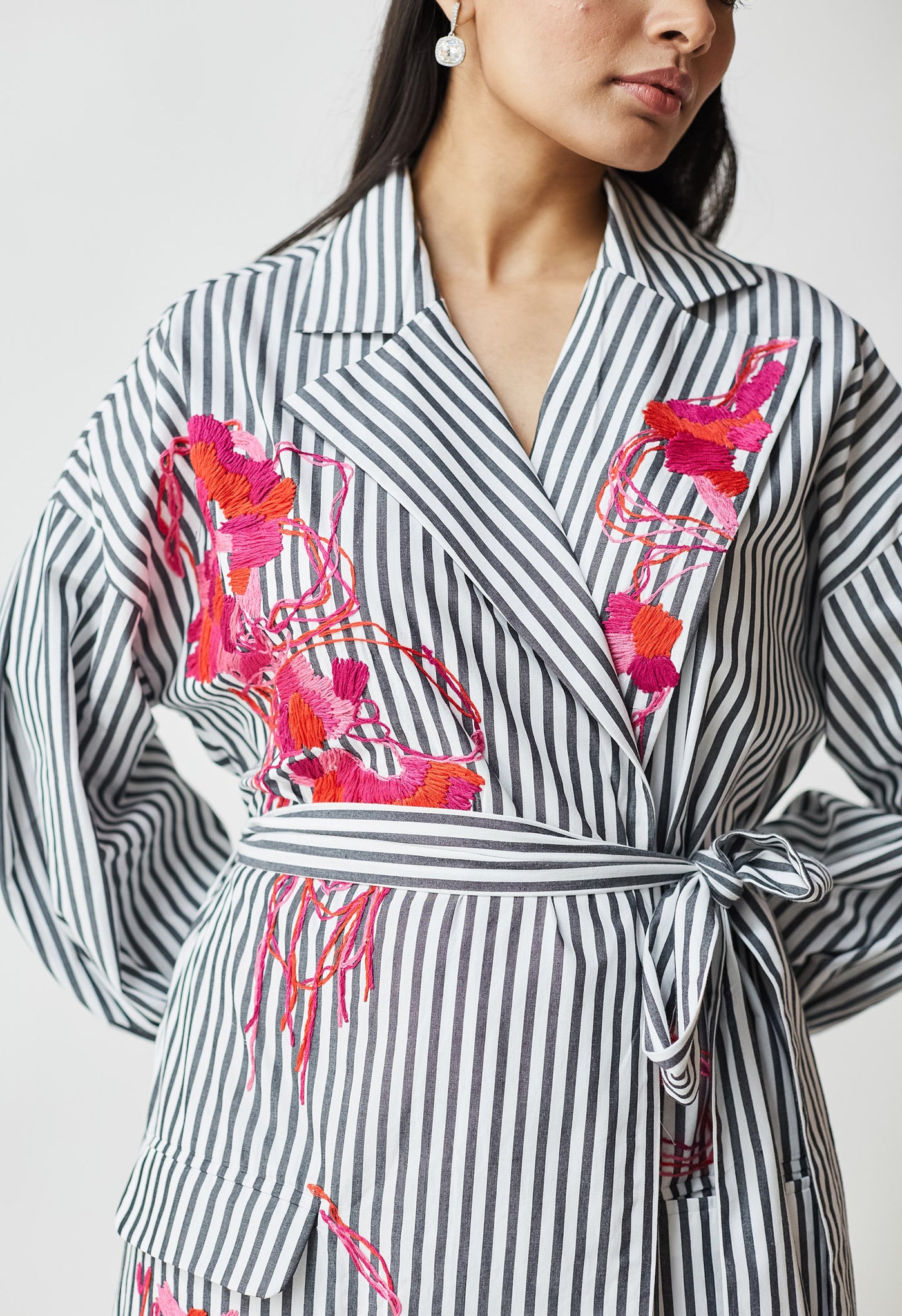 White & Black Stripe Embroidered Jacket Dress