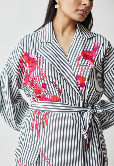 White & Black Stripe Embroidered Jacket Dress