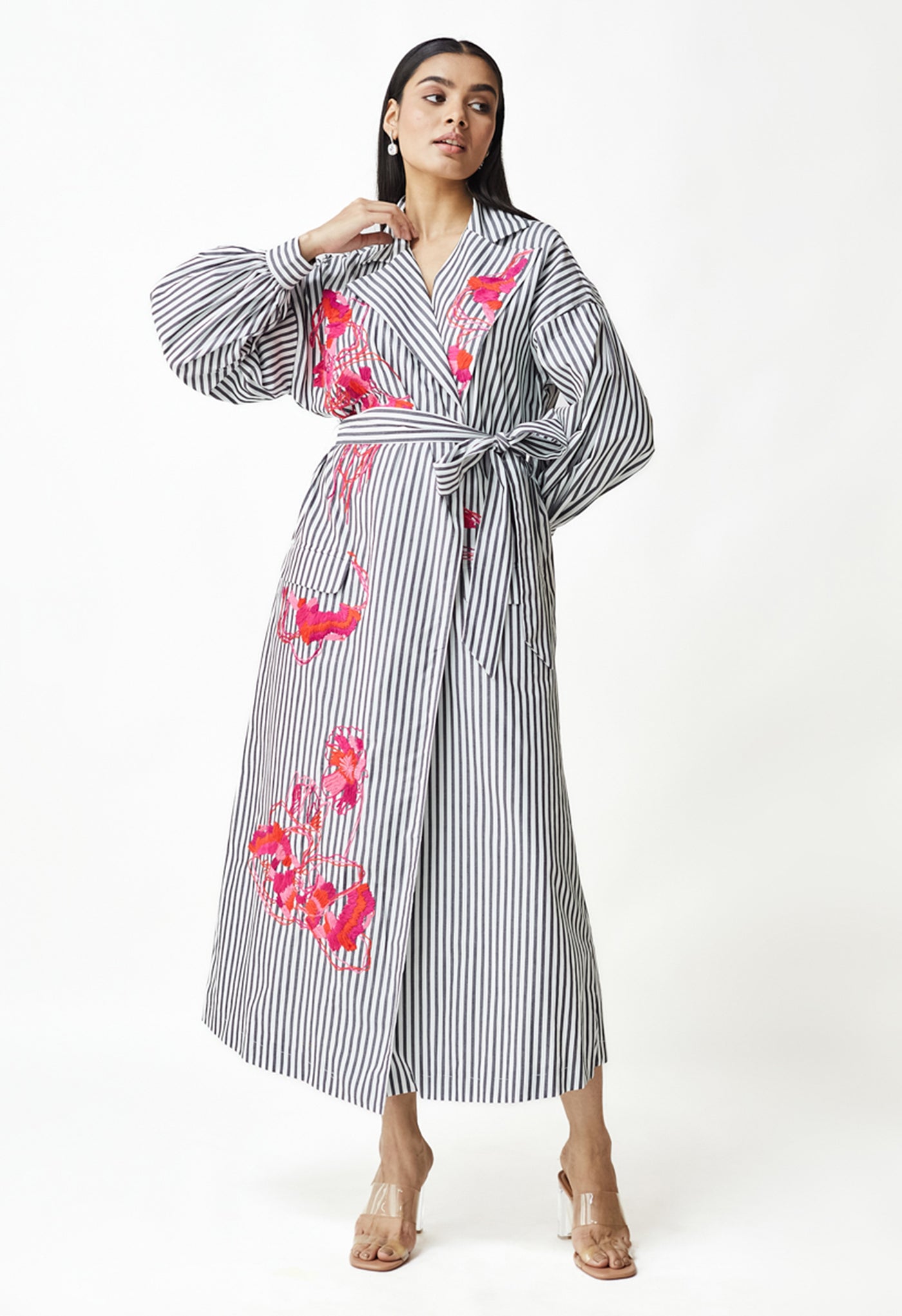 White & Black Stripe Embroidered Jacket Dress