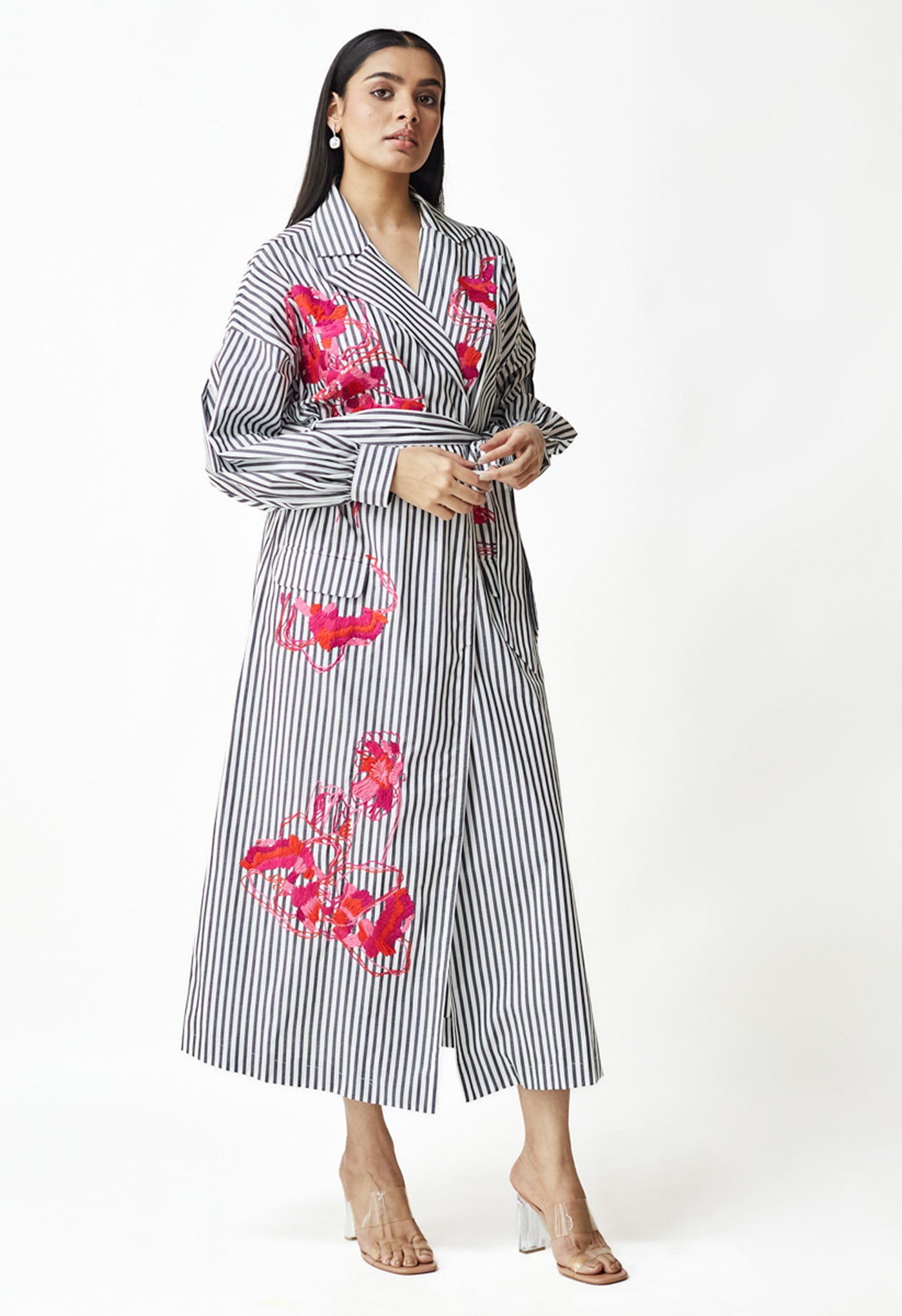 White & Black Stripe Embroidered Jacket Dress