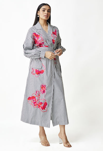 White & Black Stripe Embroidered Jacket Dress