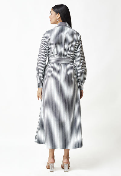 White & Black Stripe Embroidered Jacket Dress