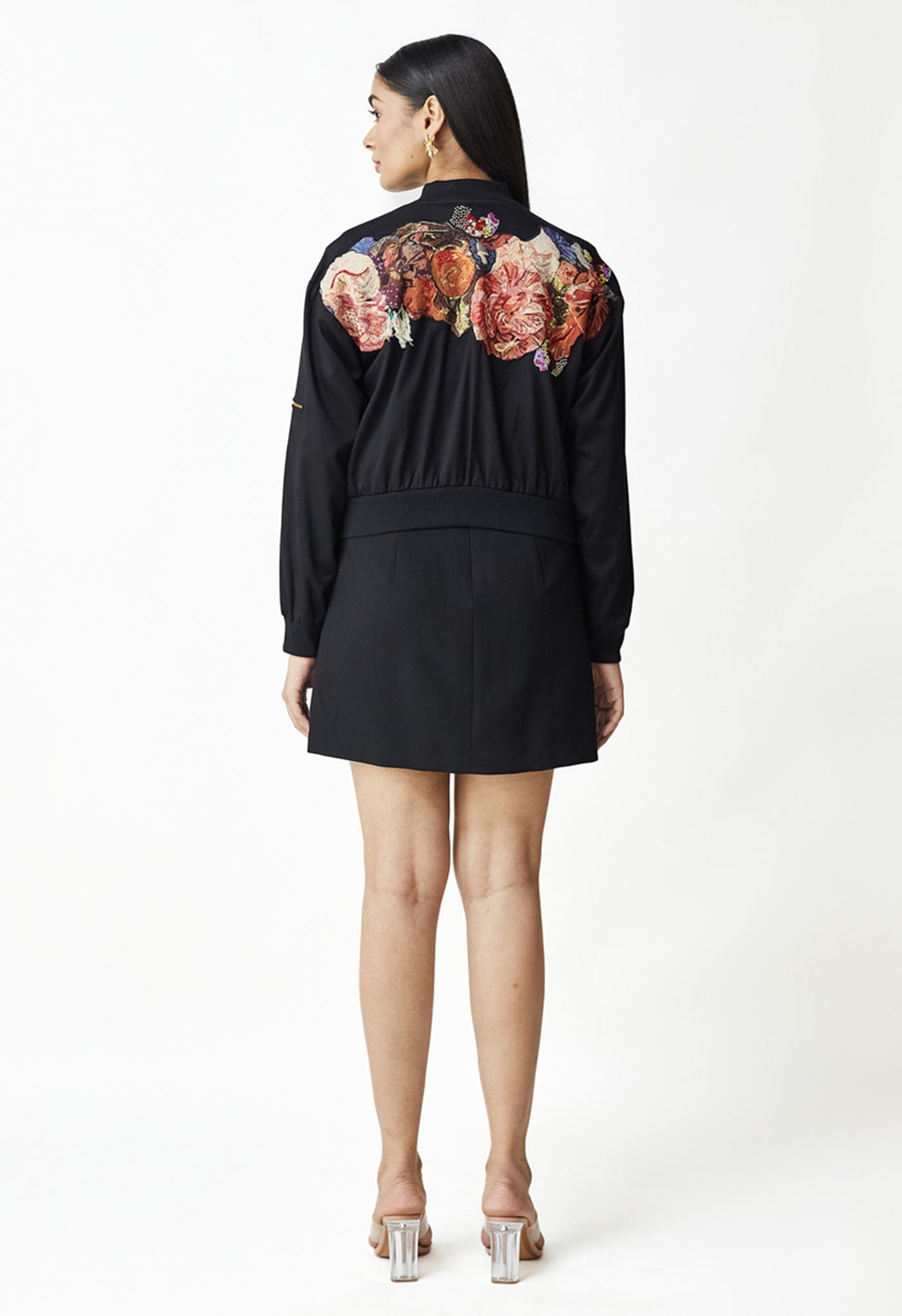 Black Chic Pattern Work Cotton Bomber Jacket