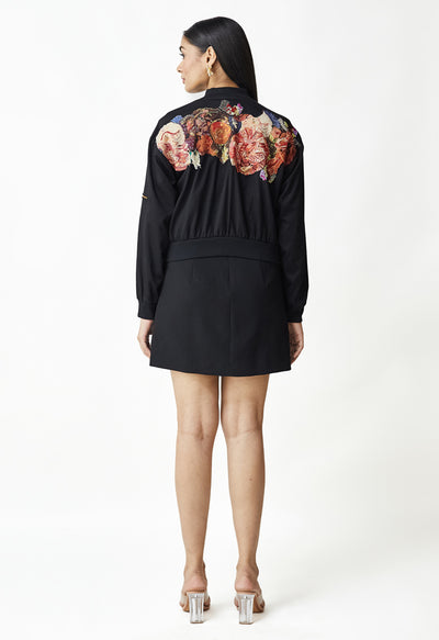 Black Chic Pattern Work Cotton Bomber Jacket