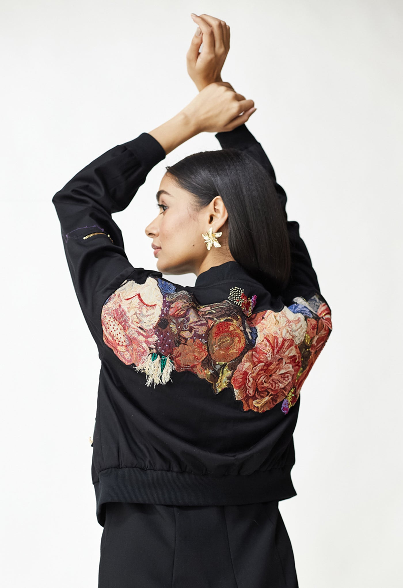 Black Chic Pattern Work Cotton Bomber Jacket