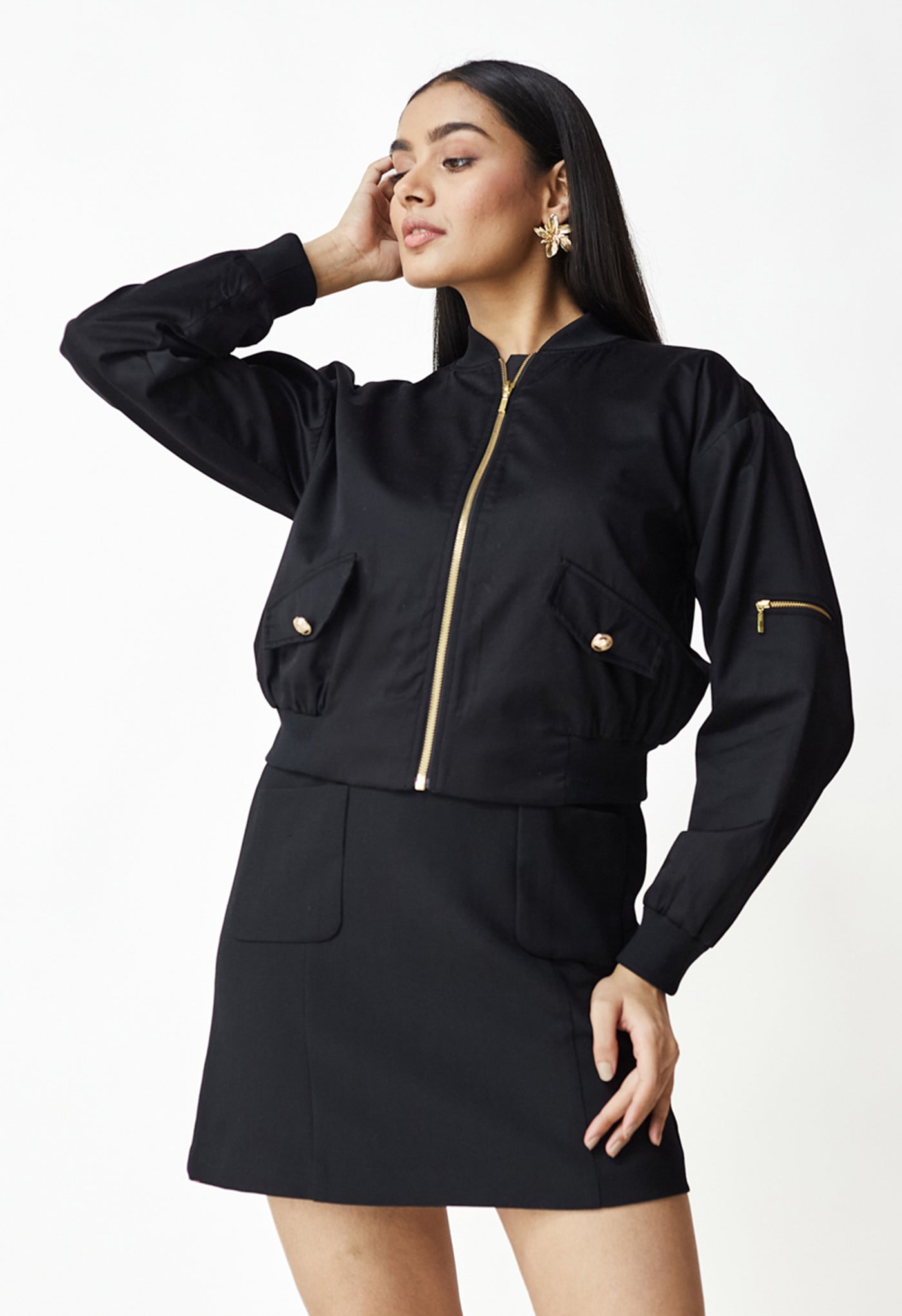 Black Chic Pattern Work Cotton Bomber Jacket