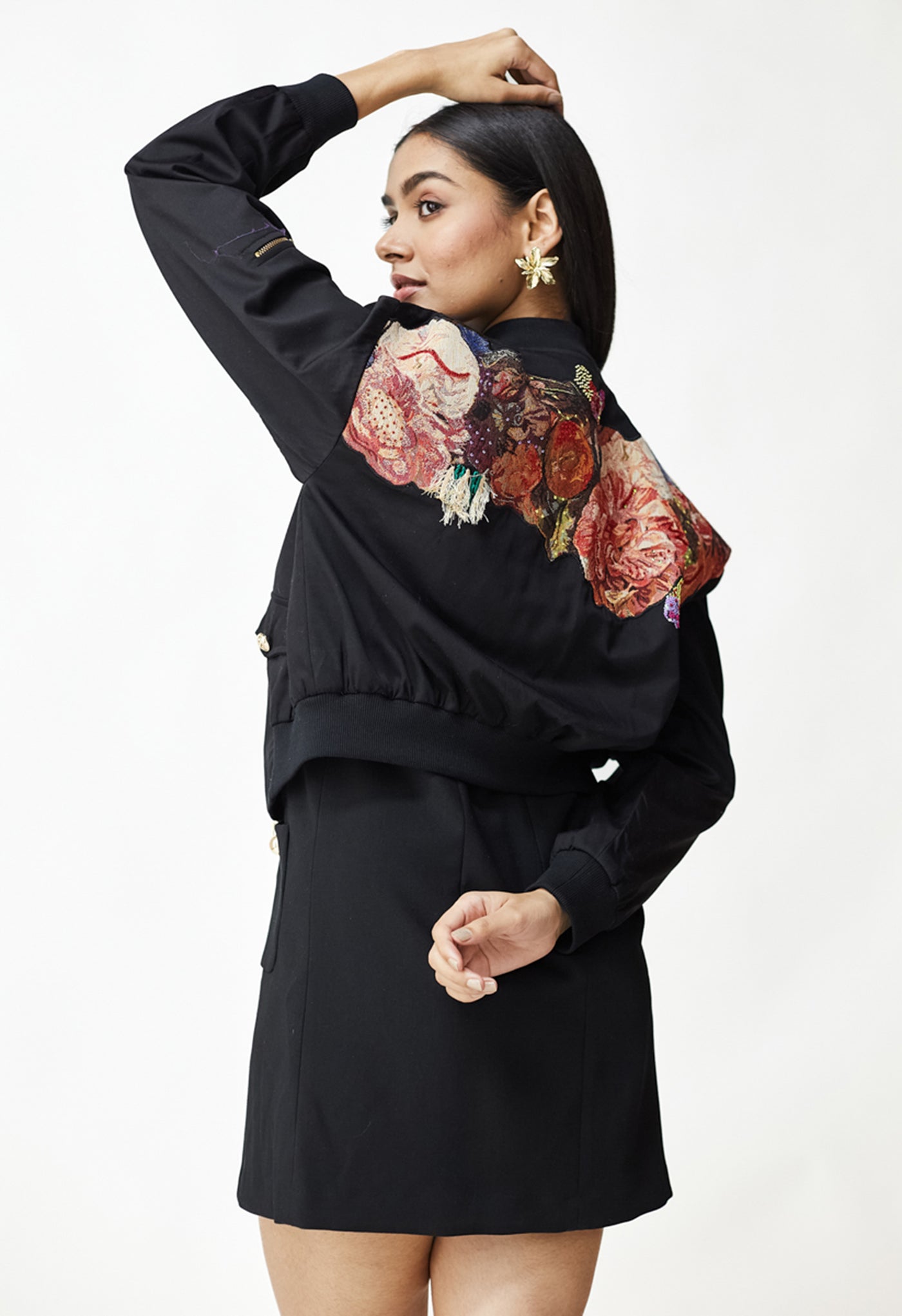 Black Chic Pattern Work Cotton Bomber Jacket