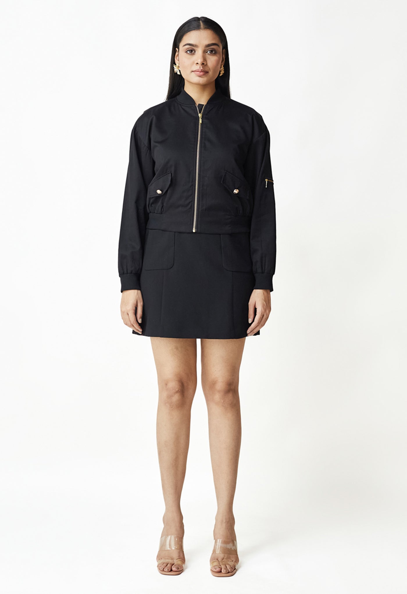 Black Chic Pattern Work Cotton Bomber Jacket