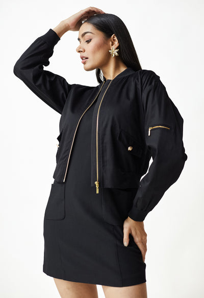 Black Chic Pattern Work Cotton Bomber Jacket