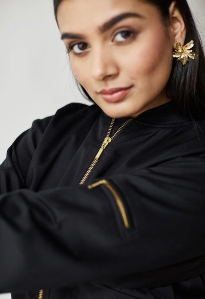 Black Chic Pattern Work Cotton Bomber Jacket