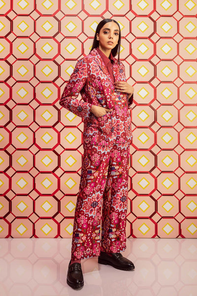 Kashan Red Print Hand Embroidered Classic Blazer & Pants in Handloom Organic Cotton Silk, BeTrue, Be True