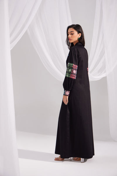 Black Long Tie Up Embroidered Dress