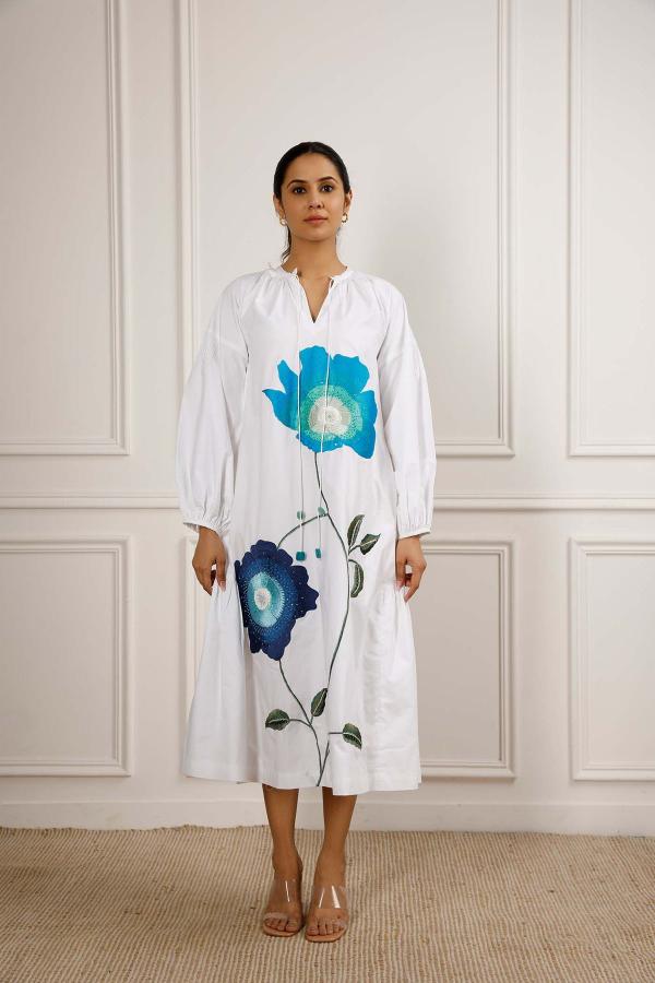 Blue Floral A Line Long Dress