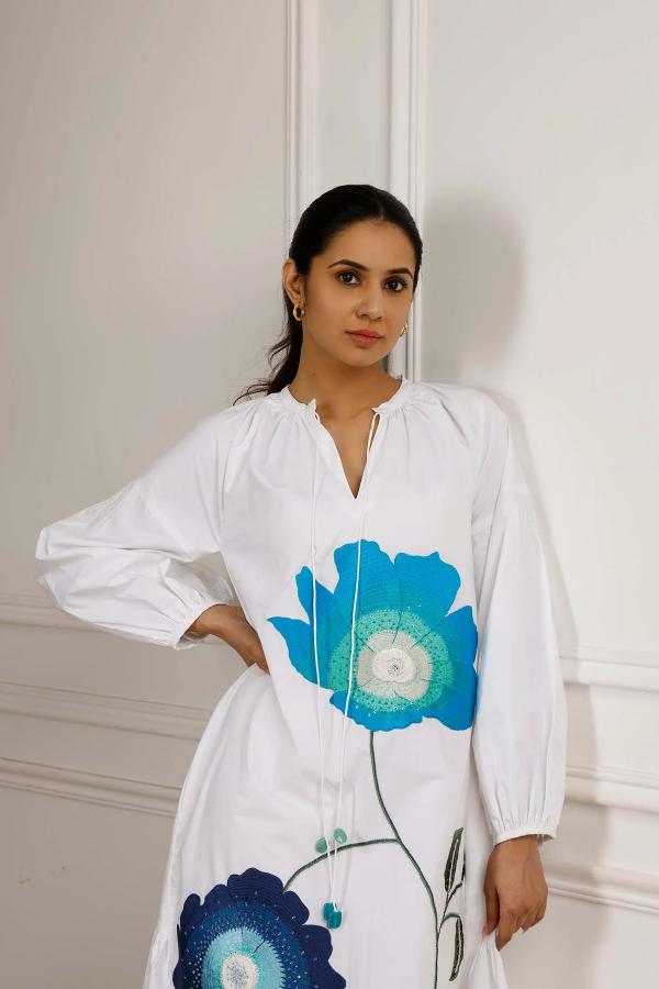 Blue Floral A Line Long Dress