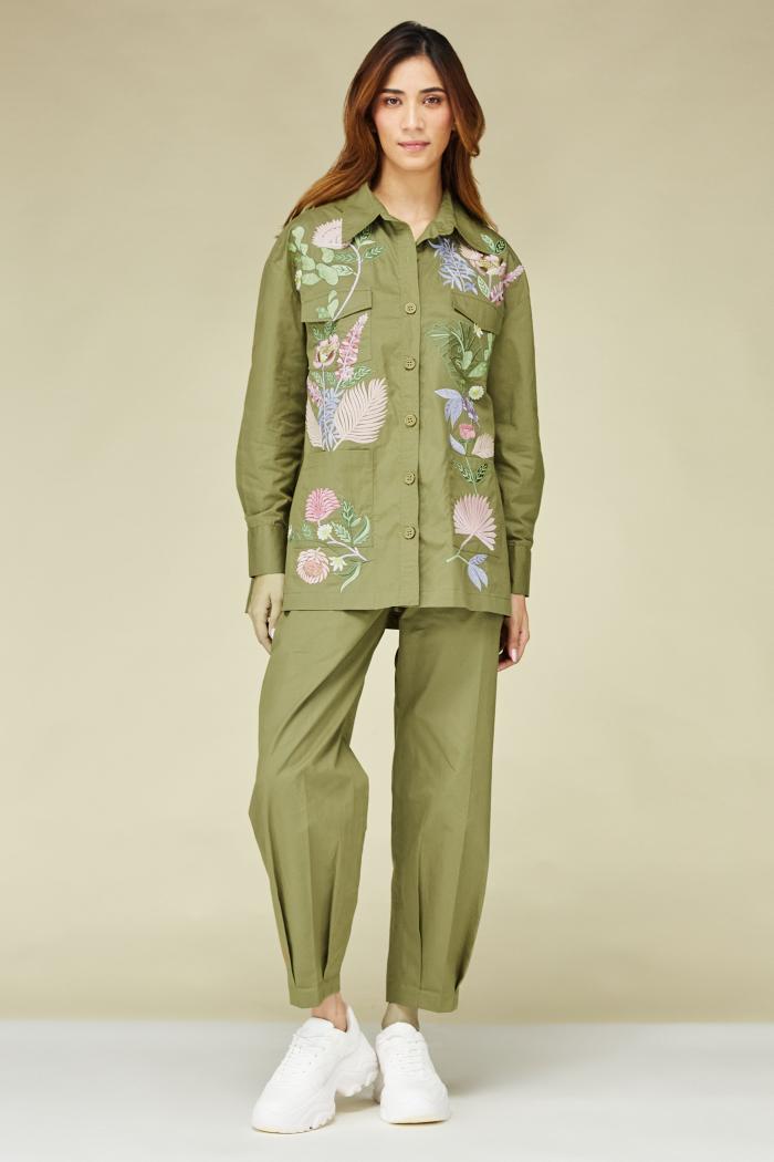 Floral Green Khaki Shirt