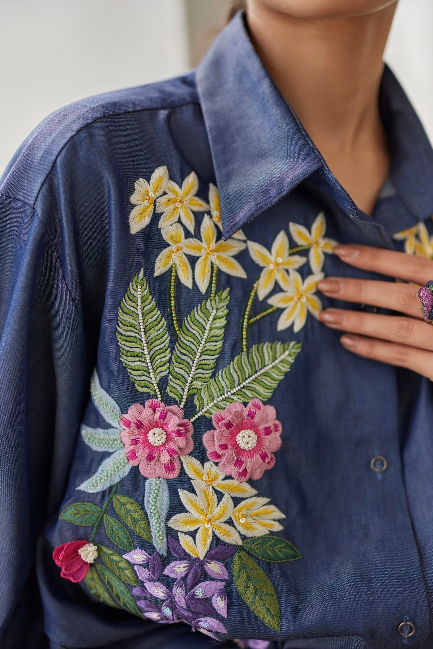 Denim Bouqet Embroidered Shirt