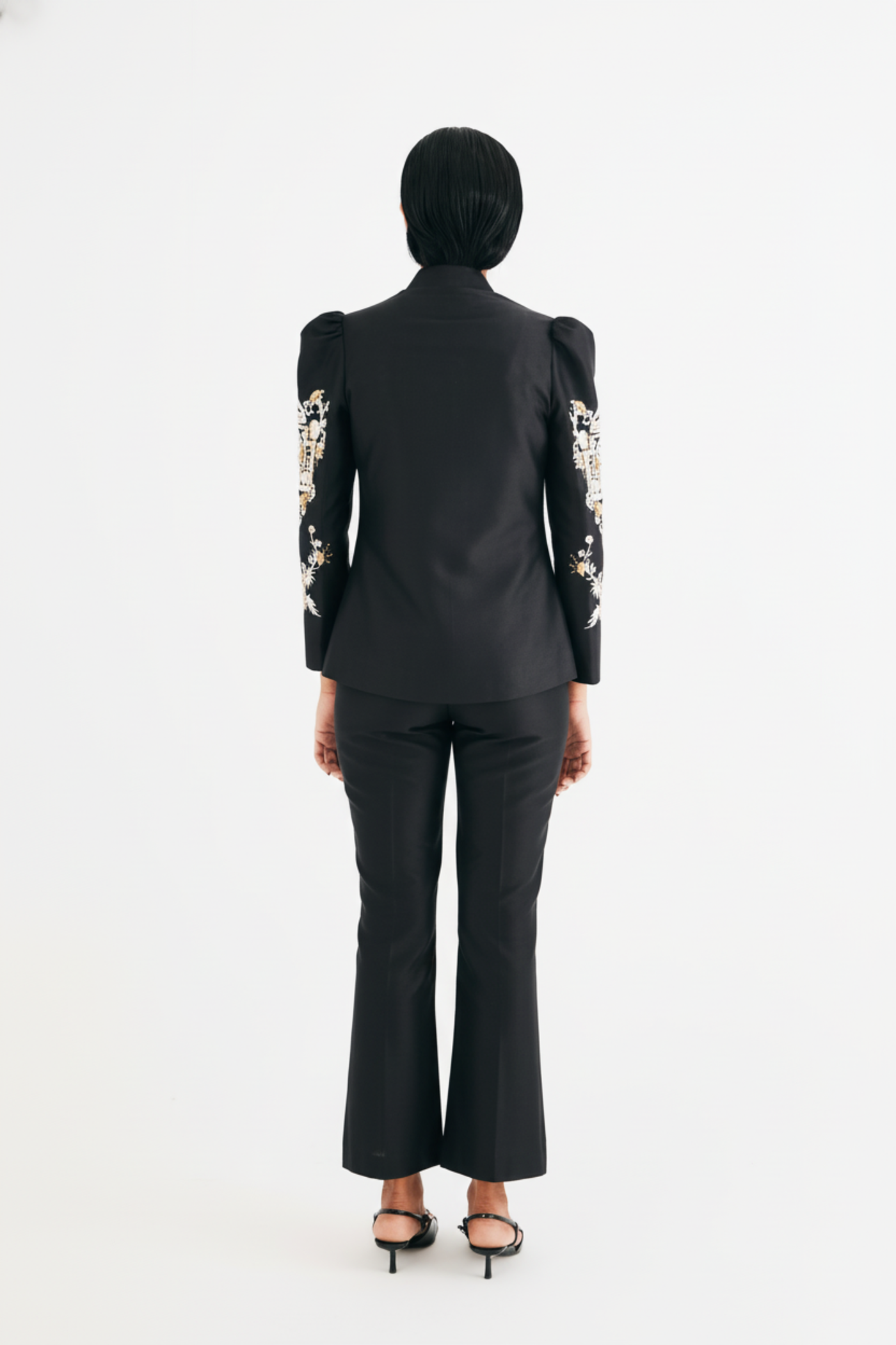 Black Silk Chanderi Embroidered Temple Jacket and Flared Pant Set