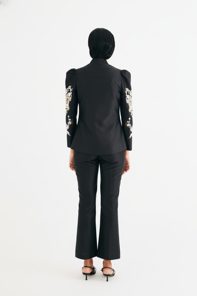 Black Silk Chanderi Embroidered Temple Jacket and Flared Pant Set