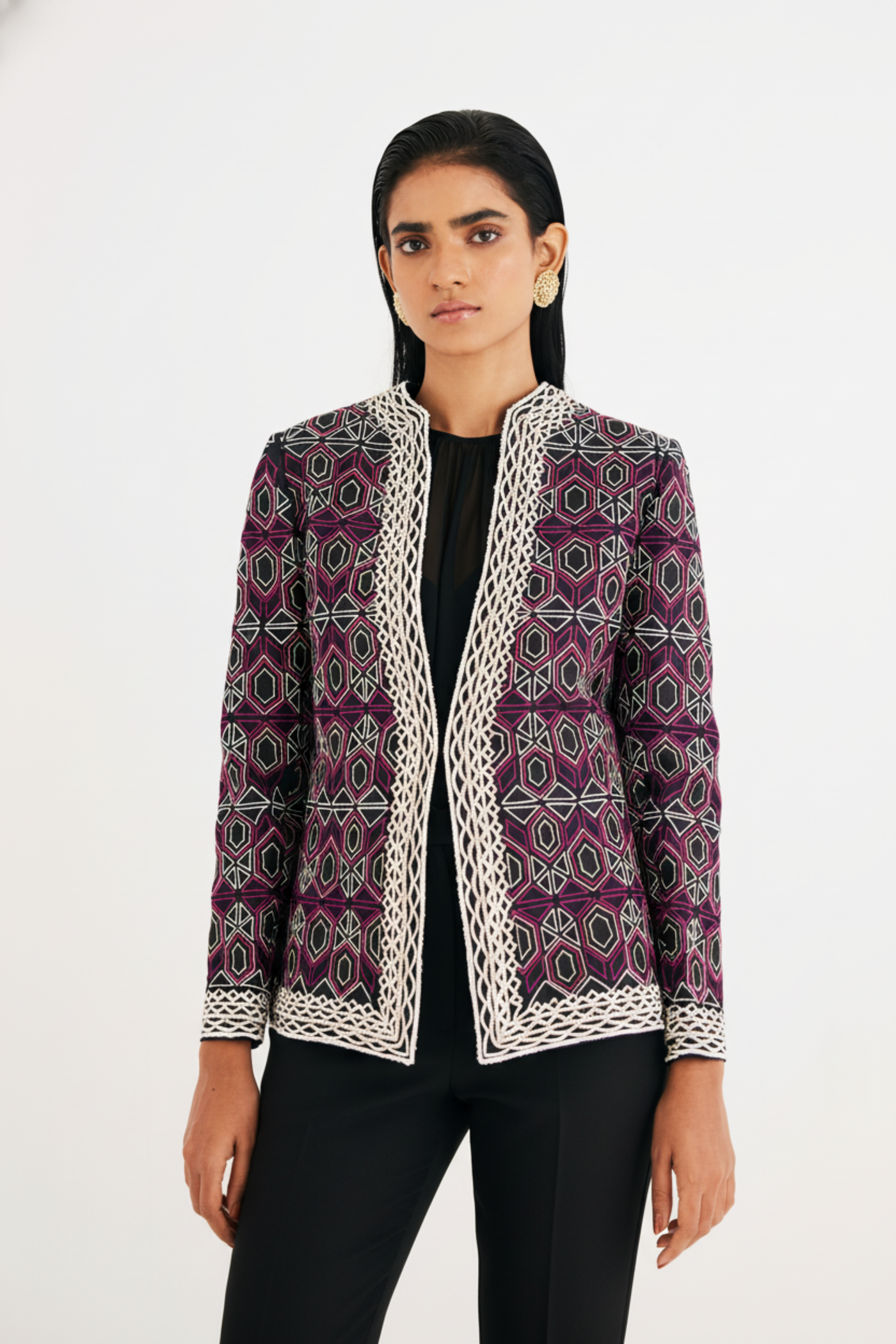 Black and Pink Mughal Jaal Jacket & Pant Set