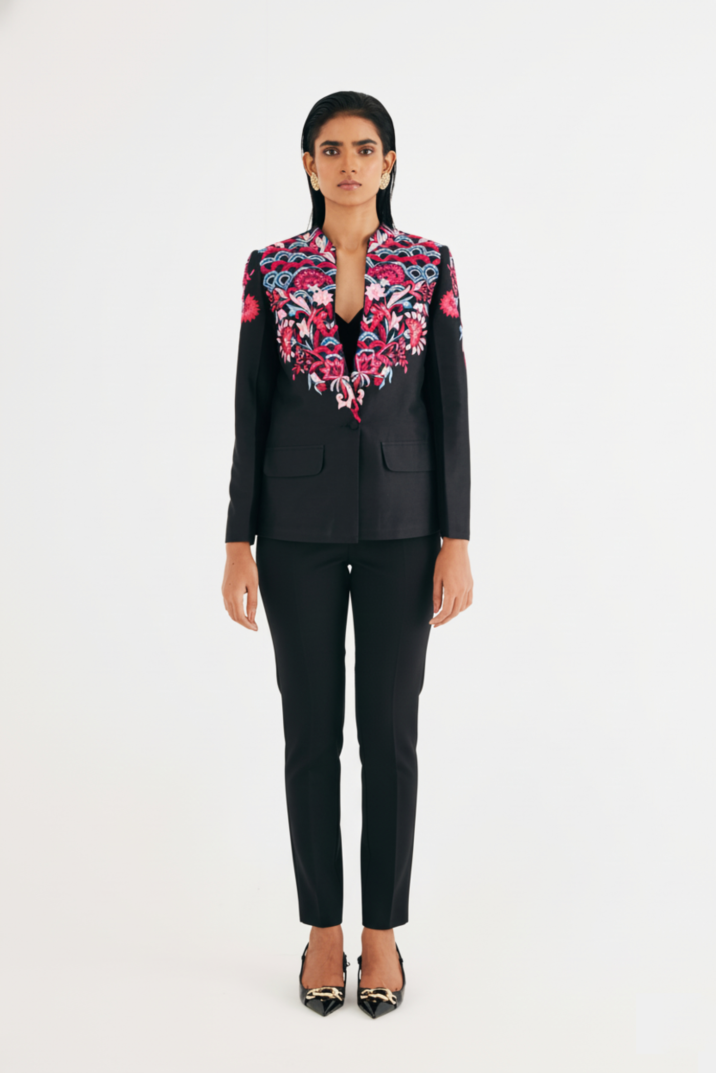 Black Silk Chanderi Floral Embroidered Jacket & Pant Set