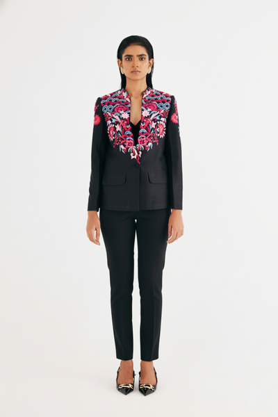 Black Silk Chanderi Floral Embroidered Jacket & Pant Set