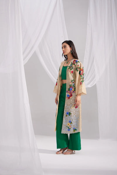 Golden Organza Embroidered Jacket & Emerald Green Silk Bustier and Flared Pant Set