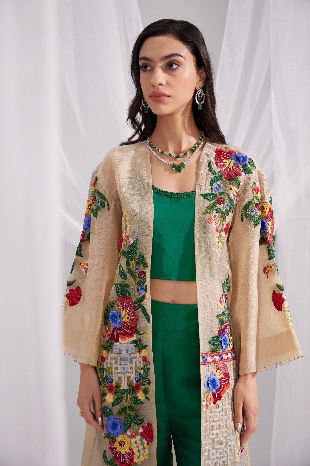 Golden Organza Embroidered Jacket & Emerald Green Silk Bustier and Flared Pant Set