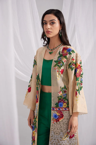 Golden Organza Embroidered Jacket & Emerald Green Silk Bustier and Flared Pant Set