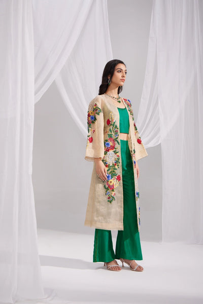 Golden Organza Embroidered Jacket & Emerald Green Silk Bustier and Flared Pant Set