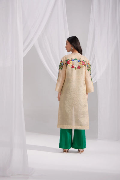 Golden Organza Embroidered Jacket & Emerald Green Silk Bustier and Flared Pant Set