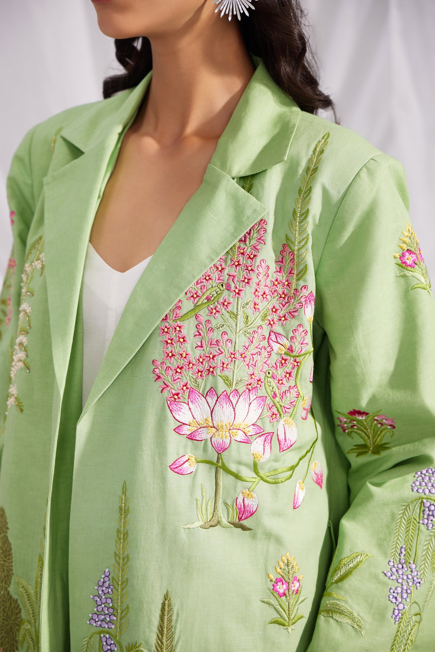 Pearl White Silk Dress & Green Linen Enchanted Garden Long Jacket Set