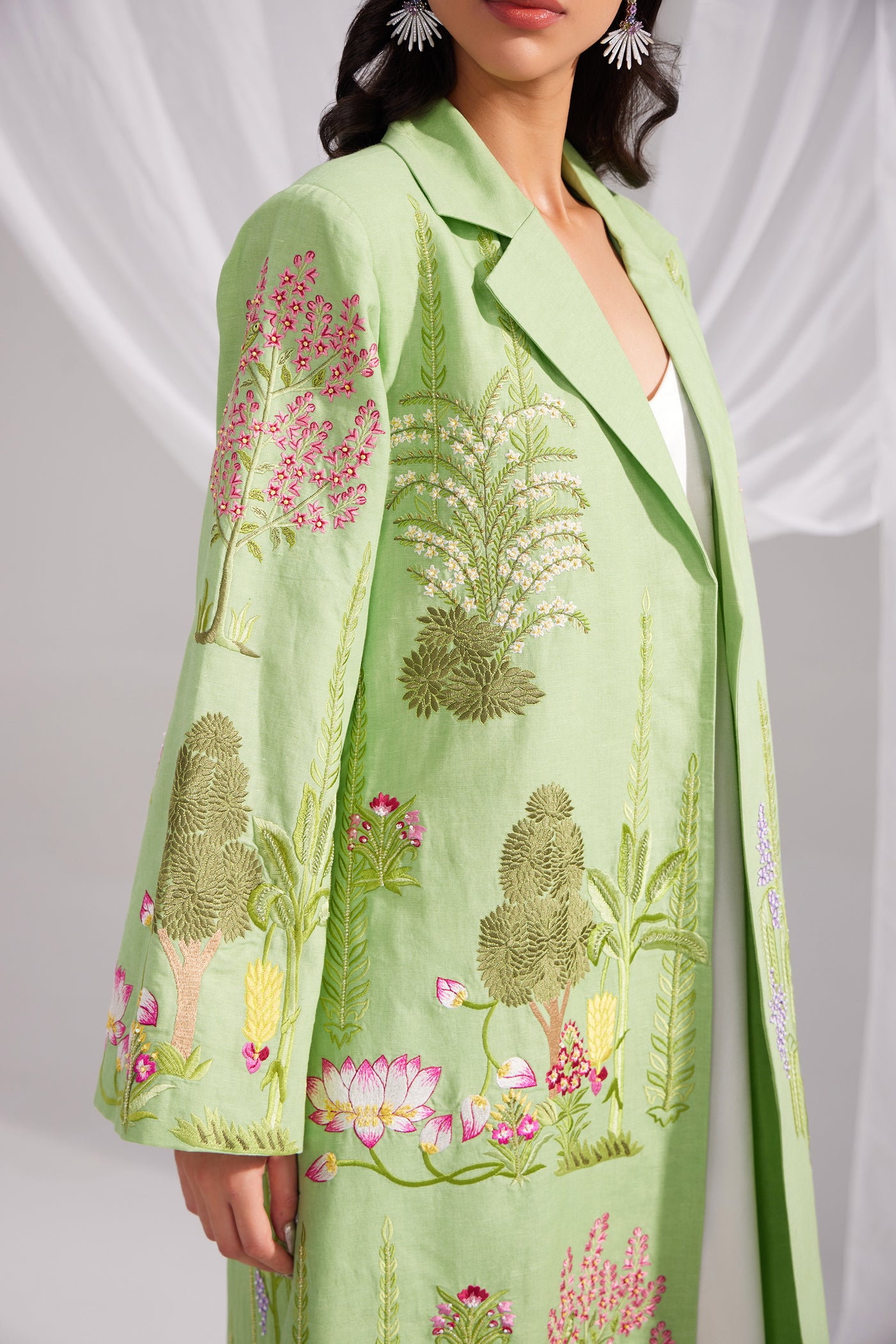 Pearl White Silk Dress & Green Linen Enchanted Garden Long Jacket Set