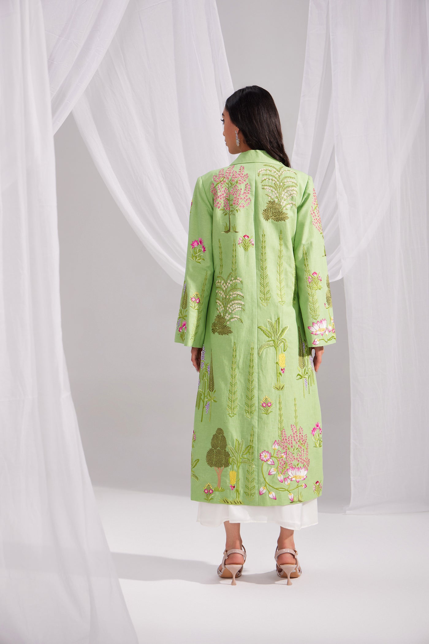 Pearl White Silk Dress & Green Linen Enchanted Garden Long Jacket Set