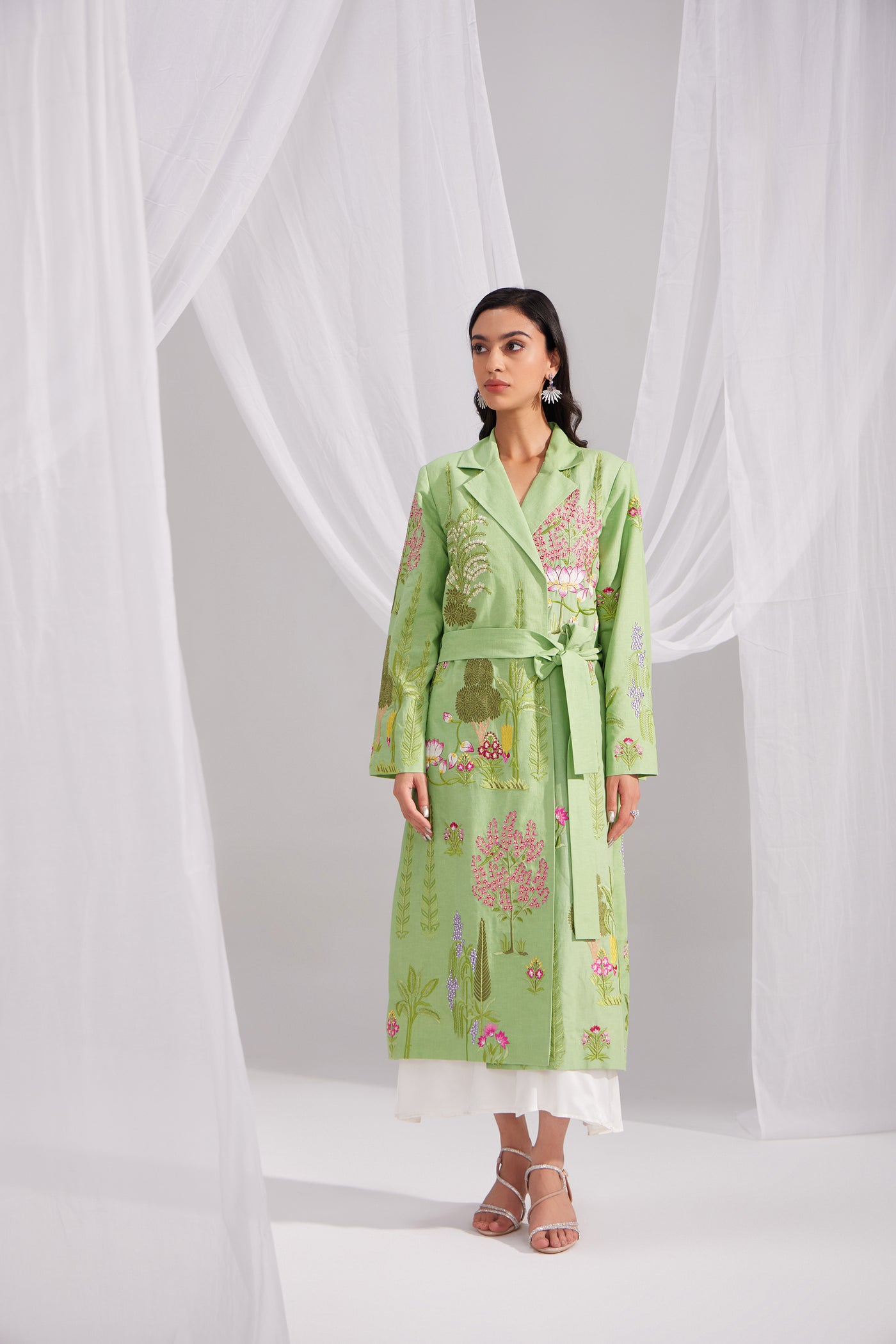 Pearl White Silk Dress & Green Linen Enchanted Garden Long Jacket Set