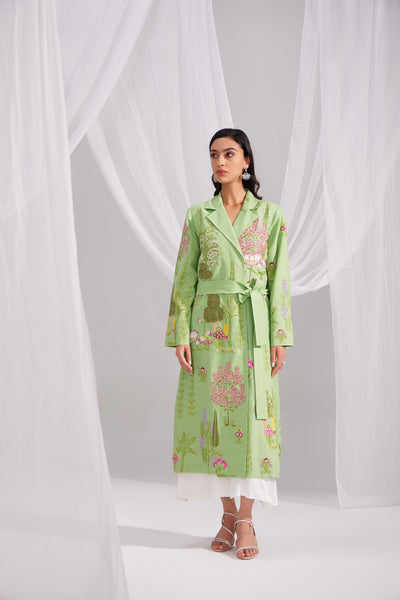 Pearl White Silk Dress & Green Linen Enchanted Garden Long Jacket Set