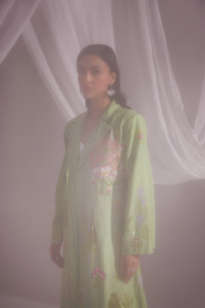 Green Linen Enchanted Garden Long Jacket