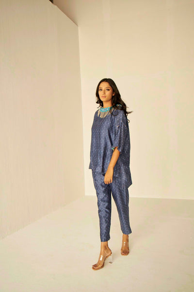 Blue- Samarkand Boat Neck Embroidered Shibori Top And Pants Set, Handmade silk chanderi with Shibori dyeing, neat Resham and mirror embroidery, BeTrue, Be True