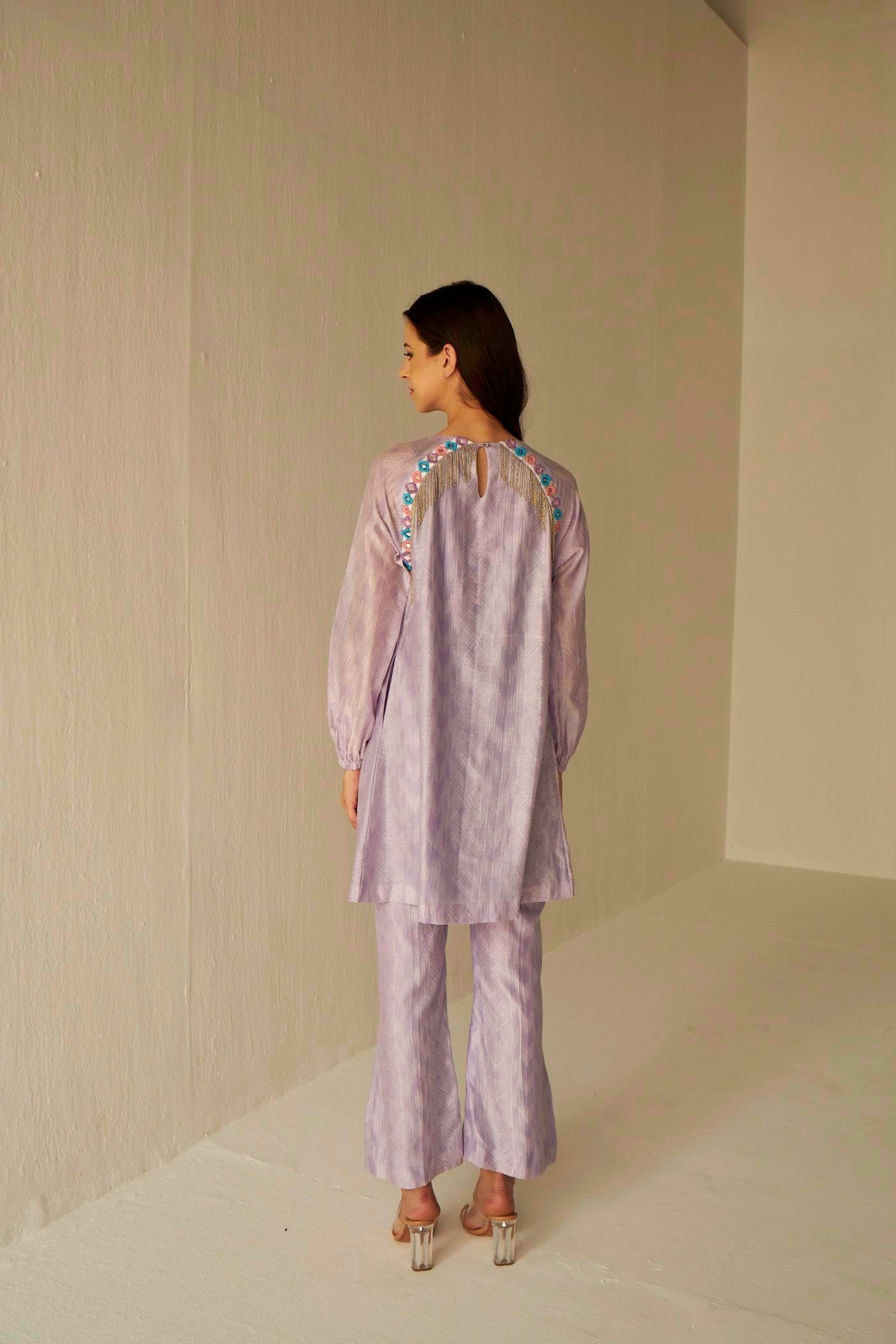 Lilac-Raglan Sleeve Embroidered Shibori Shirt And Pants Set, aesthetic and looks amazing on all body shapes, BeTrue, Be True