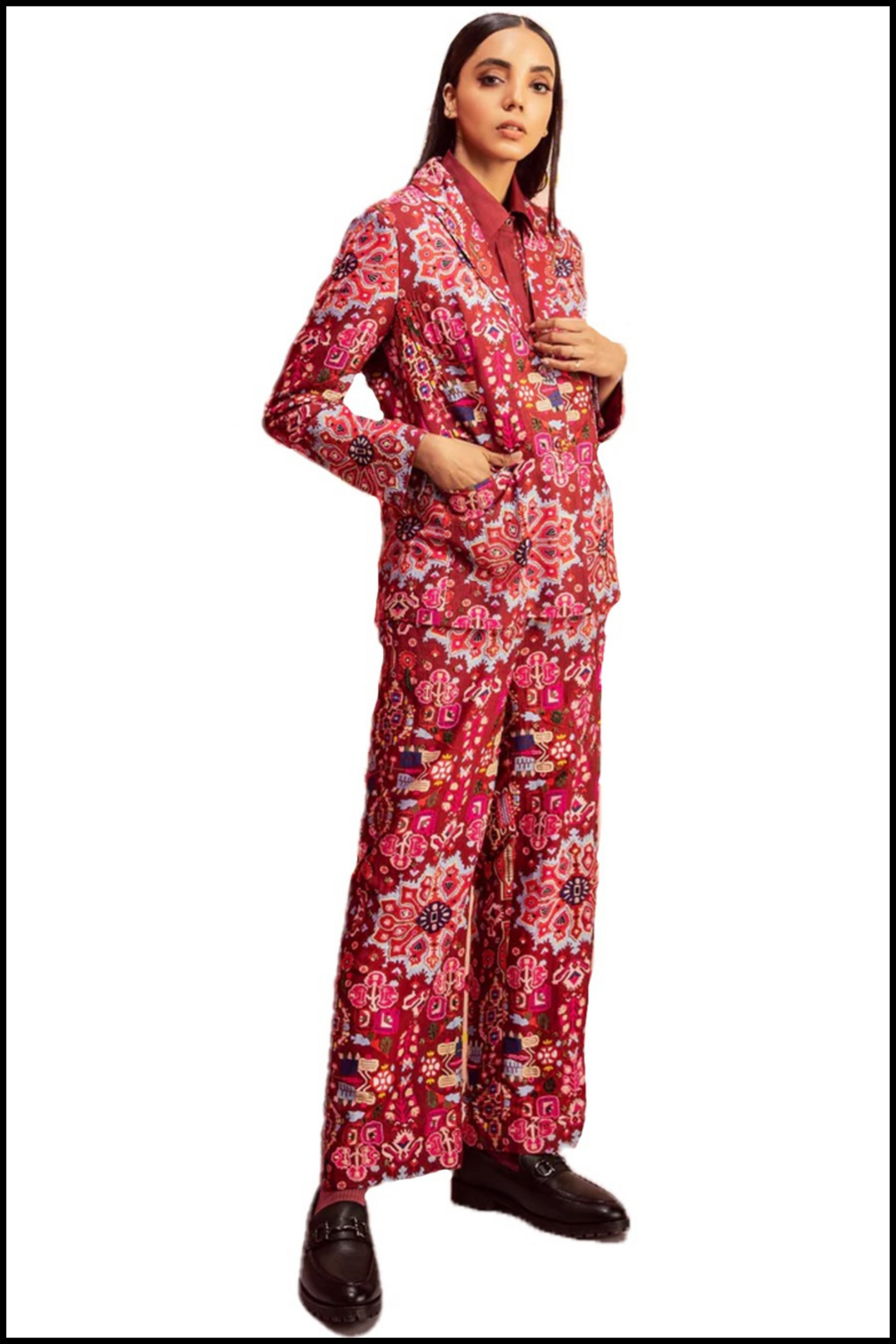 Kashan Red Print Hand Embroidered Classic Blazer & Pants in Handloom Organic Cotton Silk Set