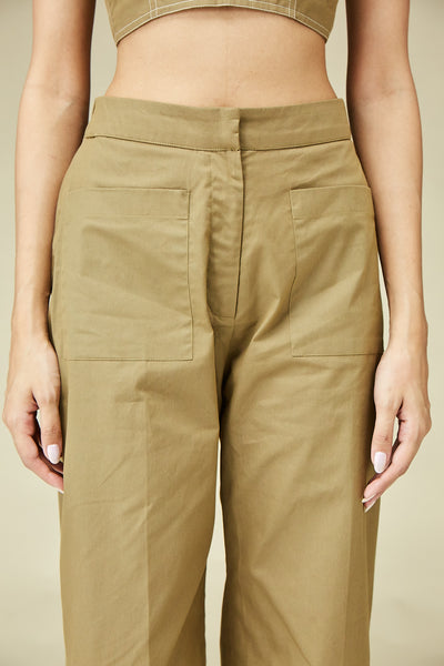 Khaki Green Cotton Ankle Length Pleated Pants