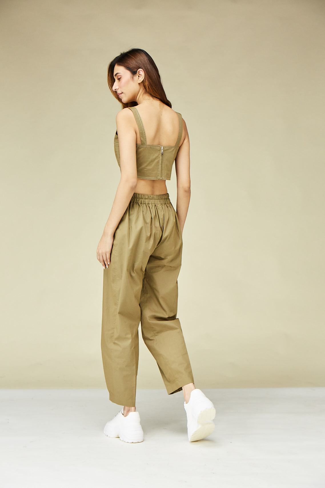 Khaki Green Cotton Ankle Length Pleated Pants