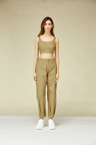 Khaki Green Cotton Ankle Length Pleated Pants