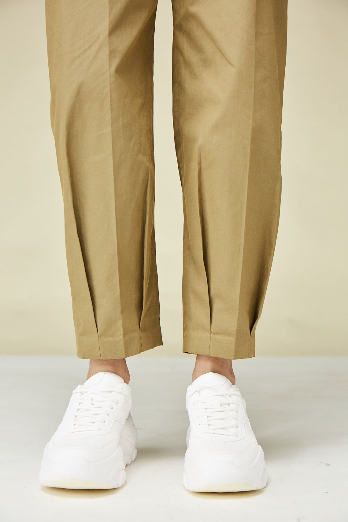 Khaki Green Cotton Ankle Length Pleated Pants