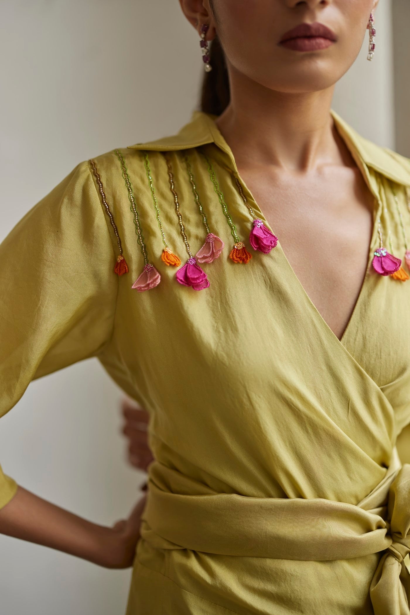 Leek Green Hand Embroidered Wrap Shirt