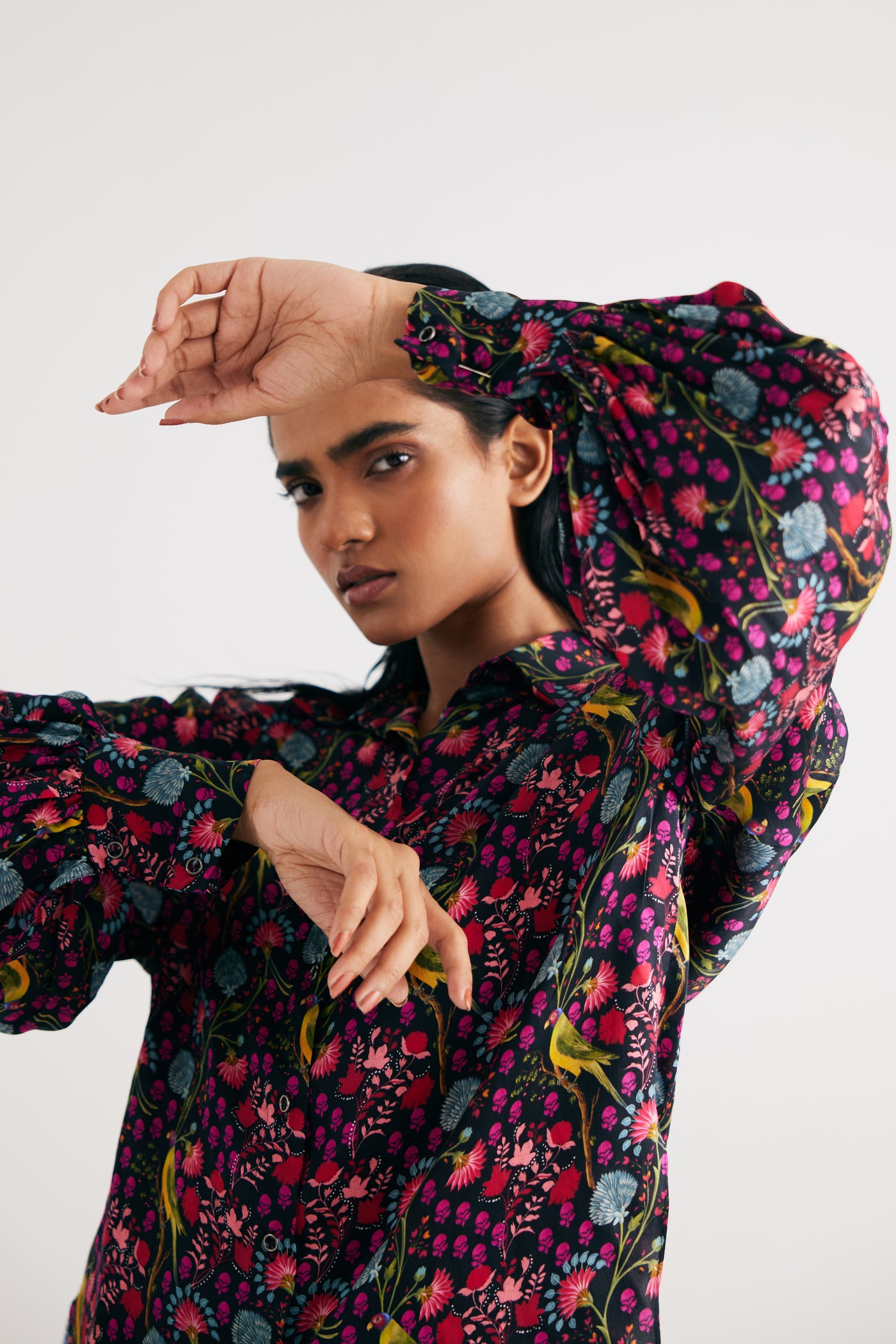 Black Parrot Print Silk Shirt