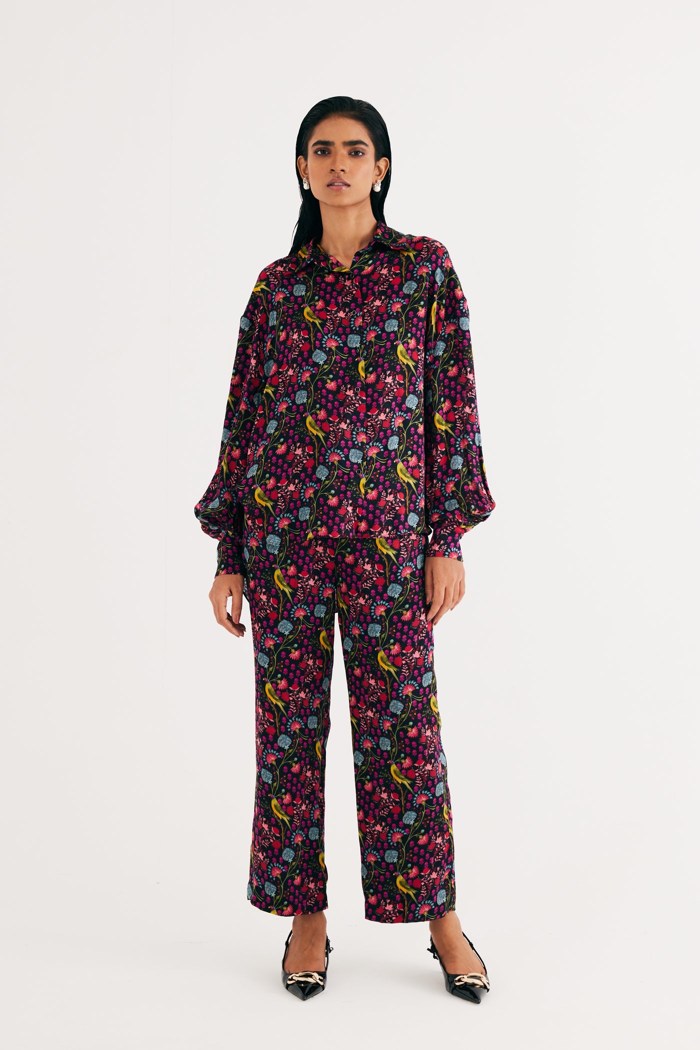 Black Parrot Print Silk Shirt