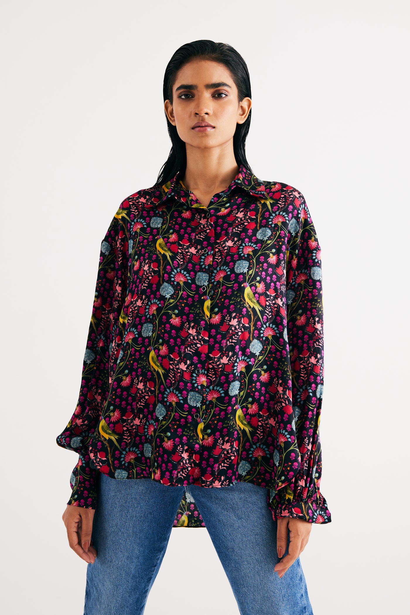 Black Parrot Print Silk Shirt